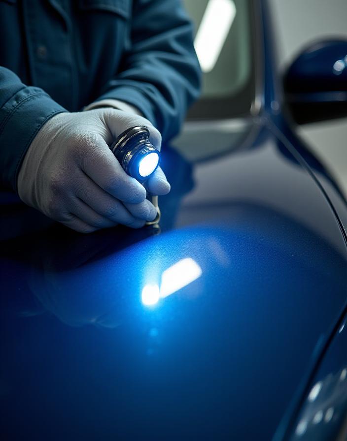 Meccanico che ispeziona la finitura della vernice