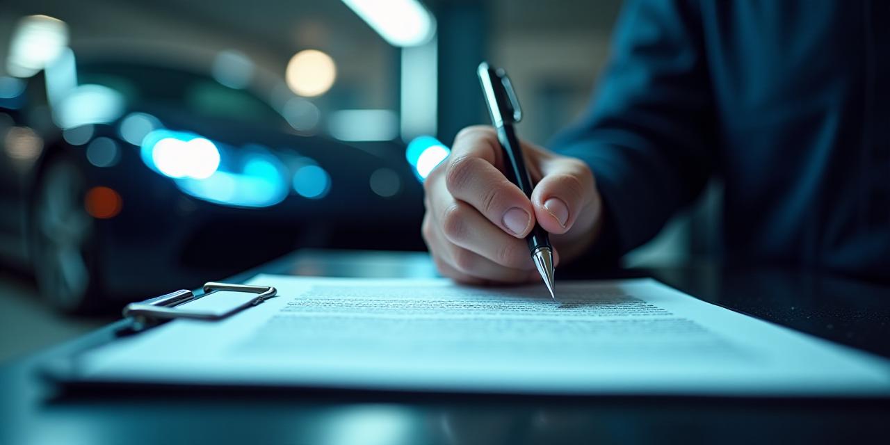 Professionista della verniciatura auto che firma un accordo di garanzia