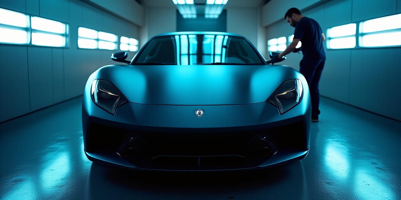 Auto sportiva in cabina di verniciatura professionale
